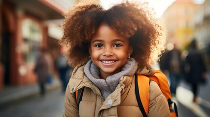 Portrait of a happy school girl with curly hair - obrazy, fototapety, plakaty