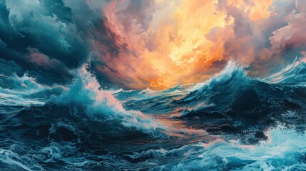 Fototapeta premium Surging waves under a fiery sky capture the fierce and passionate energy of profound emotional experiences.