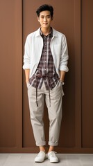 Fototapeta na wymiar Asian man wearing a white shirt and brown pants