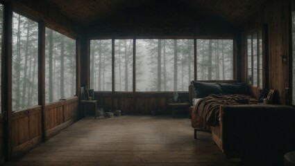 A suspenseful moment in a desolate cabin in the woods, surrounded by an ominous fog Generative AI