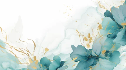 Poster Watercolor Teal background with elements of gold splashes. Great for backgrounds, websites, postcards, invitations, banners, brochures, brochures. floral background with marble pattern © Aura