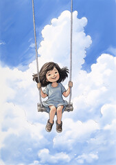 Cute children playing on the swing children's illustration
