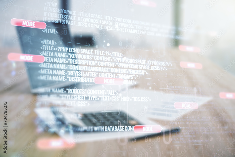Poster abstract virtual coding concept on calculator and laptop background. multiexposure
