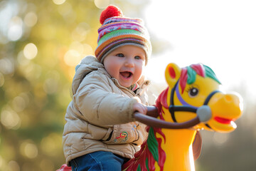 Fototapeta na wymiar happy Baby rides toy rubber horse