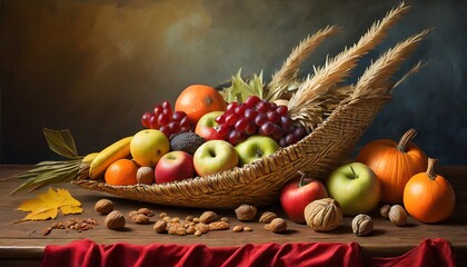 various fruits in a basket on a wooden table