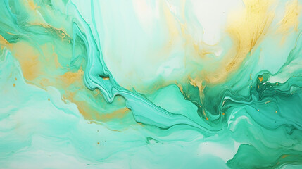 Gold and Turquoise overflowing colors. Liquid acrylic picture that flows and splash. Fluid art texture design. Background with floral mixing paint effect. Mixed paints for posters or wallpapers