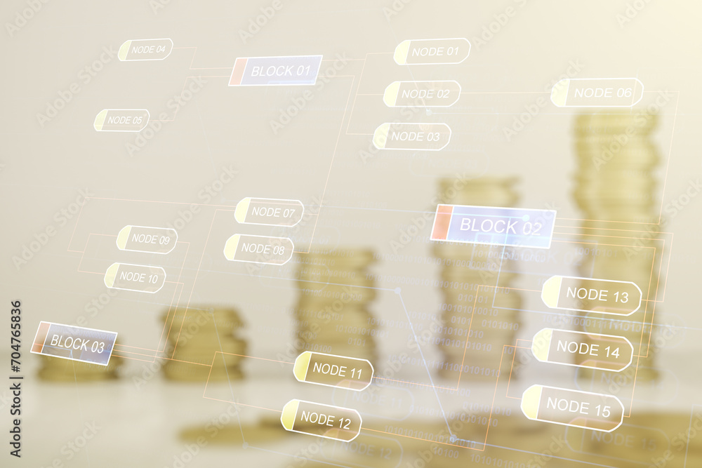 Poster double exposure of abstract programming language interface on growing stacks of coins background, re