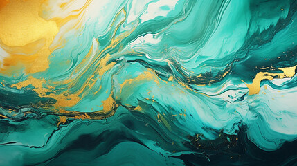 Fluid art texture design. Background with floral mixing paint effect. Mixed paints for posters or wallpapers. Gold and Emerald Green overflowing colors. Liquid acrylic picture that flows and splash - obrazy, fototapety, plakaty