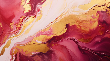 Gold and Ruby Red overflowing colors. Liquid acrylic picture that flows and splash. Fluid art texture design. Background with floral mixing paint effect. Mixed paints for posters or wallpapers