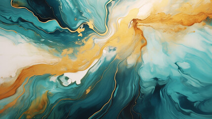 Gold and Turquoise overflowing colors. Liquid acrylic picture that flows and splash. Fluid art texture design. Background with floral mixing paint effect. Mixed paints for posters or wallpapers - obrazy, fototapety, plakaty