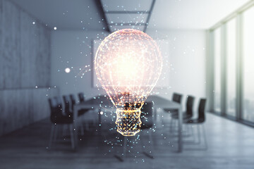 Virtual Idea concept with light bulb illustration on a modern conference room background. Multiexposure
