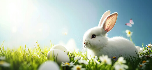  White Rabbit Nestled Amongst Delicate Eggs, Ideal for Festive Advertising