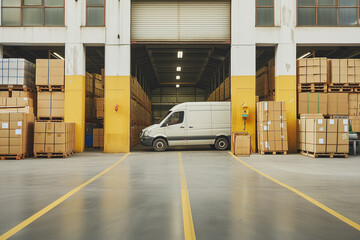 Naklejka premium Efficient Logistics Hub: Seamless Operations at the Warehouse, where Precision Meets Speed, Ready for Swift Delivery with a Fleet of Modern Vans.
