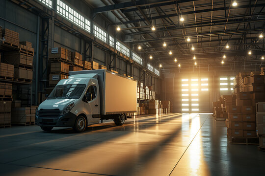 Efficient Logistics Hub: Seamless Operations at the Warehouse, where Precision Meets Speed, Ready for Swift Delivery with a Fleet of Modern Vans.