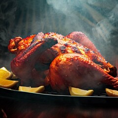 roasted chicken , Traditional rotisserie chicken served with lemon best food, healthy, chicken, with some lemons ,  - obrazy, fototapety, plakaty