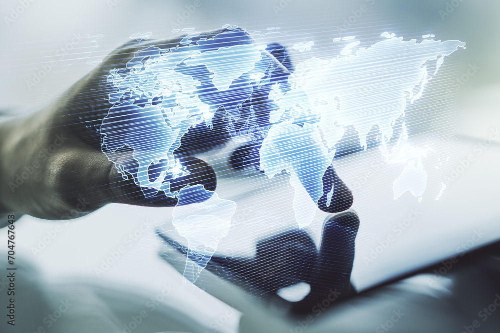 Aufkleber multi exposure of abstract graphic world map and hand working with a digital tablet on background, c