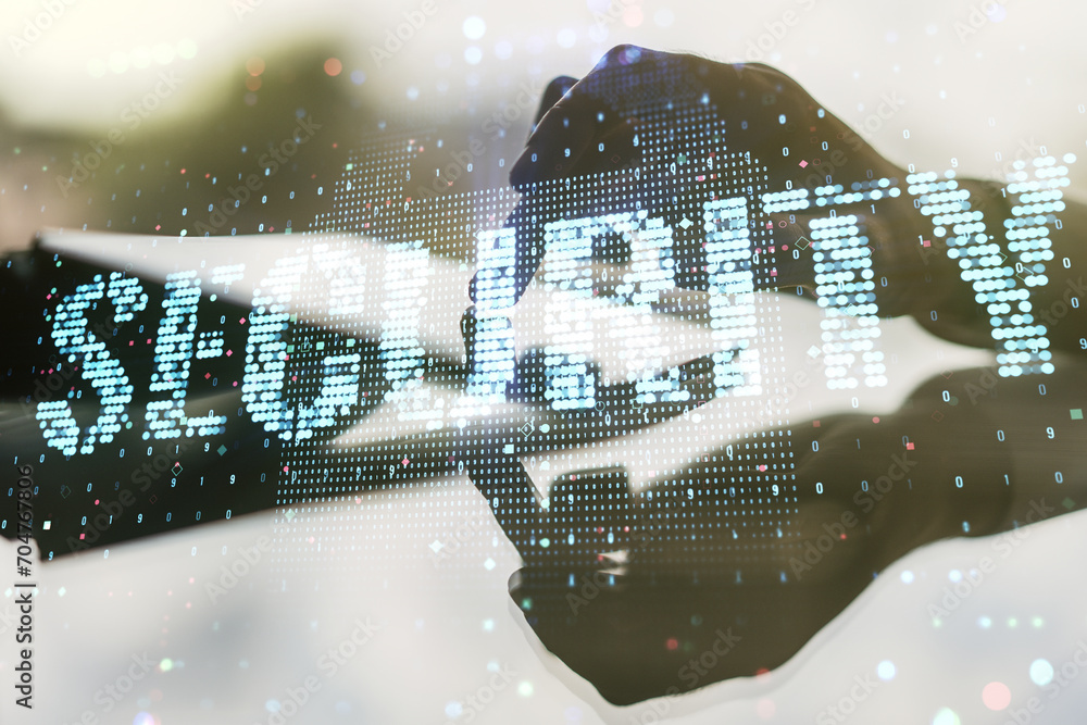 Poster cyber security creative concept with finger clicks on a digital tablet on background. double exposur