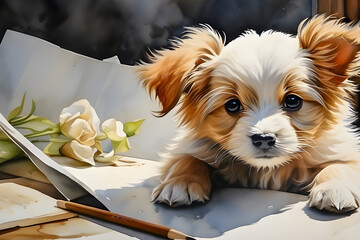 Adorable brown puppy. watercolor close up with flapping ears. Generative Ai
