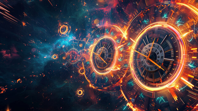 The concept of time through the use of clock motifs and futuristic time travel technology abstract background generated by ai