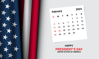 Background design for President's day with United States flag and february 2024 calendar.