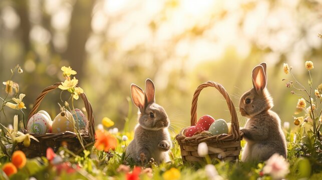 Easter holiday celebration season background with cute long ears bunny family and colorful eggs decorations and wooden basket in flowers field garden forest rabbits little fluffy hare playing together