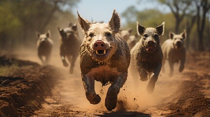 Wild boars running in a forest - obrazy, fototapety, plakaty
