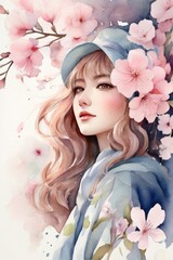 girl with pink flowers blooming