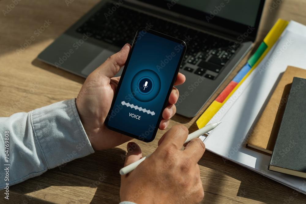 Poster a voice recording man holding his smartphone screen generates ai technology for language and communi