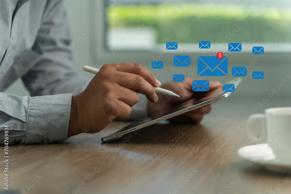 Poster mail communication connection message to mailing contacts phone global letters concept