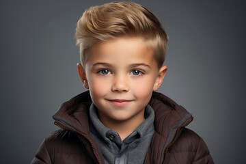 Portrait of a cute little boy in a brown jacket. Studio shot.