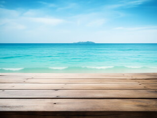 Fototapeta premium Wooden table with blurred beach and ocean background