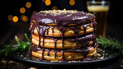 Fototapeta na wymiar Chocolate almond and glazed doughnut on a black background ,Chocolate day, Valentines Day, Valentines week 