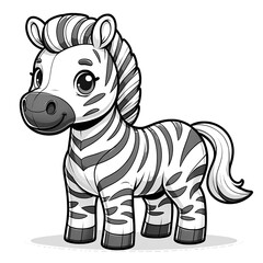 Here is the 2D cartoon-style drawing of a zebra in white color on a white background, designed for coloring by kids, shown in a 45-degree angle view.