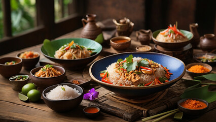 a tempting spread of Rice Thai dishes arranged artfully on a rustic wooden table highlight the vibrant colors and textures that make Thai cuisine a visual delight