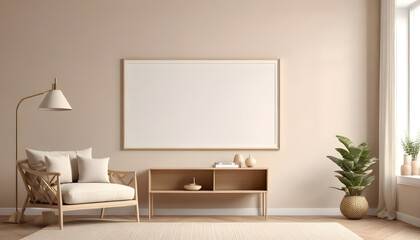 Obraz premium Frame-mockup-in-interior-background--beige-room-with-modern-furniture--3d-render