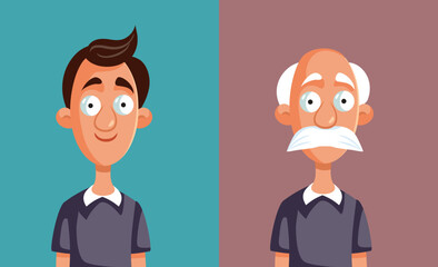 Young and Old Man Comparison Vector Concept Illustration. Gracefully aging process dealing with changes with physical appearance 
