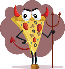 Funny Pizza Diavola Character Design illustration mascot. Cheerful fast food with devil horns and tail smiling 
