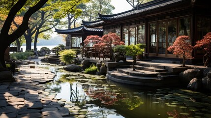 Obraz premium oriental courtyard with reflection in the water