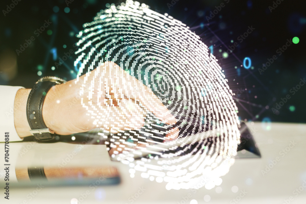 Poster abstract creative fingerprint concept with finger clicks on a digital tablet on background. multiexp