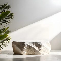 Natural rock stone podium in sunlight on white concrete wall product display background.