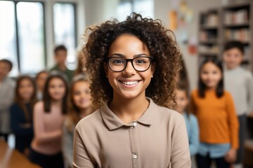 Portrait of a smiling young female teacher with curly hair wearing glasses in a classroom with blurred students in the background