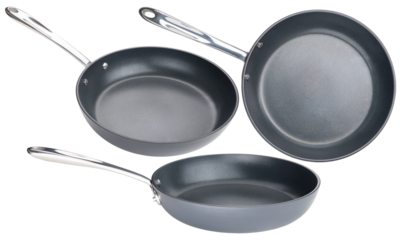 Frying pan. Ceramic nonstick pan with stainless steel handle. Fry pan for cooking. Gray ceramic coating. Free of PFAS, PFOA, lead and cadmium. Professional chef kitchenware. White isolated background