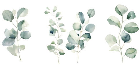Watercolor silver dollar eucalyptus with round leaves and branches