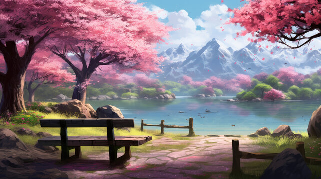 Serene cherry blossom park with mountain view and tranquil lake. Nature and tranquility.