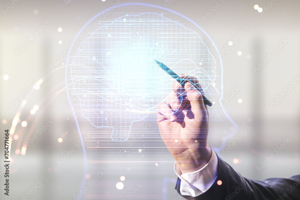 Aufkleber double exposure of man hand with pen working with creative artificial intelligence hologram on blurr