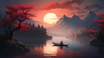 Illustration of fishing man on traditional boat with old Japanese landscape