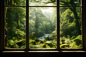 Window empty brown wooden with morning sunlight outside. And green forest and trees are blurred in the background. Realistic color clipart template pattern.