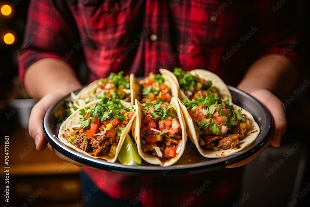 Wall mural Close up person holding plate with taco Generative AI - Wall murals