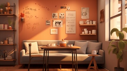 A cozy corner in a cafe with a 3D wall mockup featuring coffee-themed illustrations and cozy atmosphere.