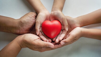 Family hands holding red heart, health care, hope, life insurance concept, world heart day, world health day, adoption foster care home, organ donor day, csr social responsibility, gratitude